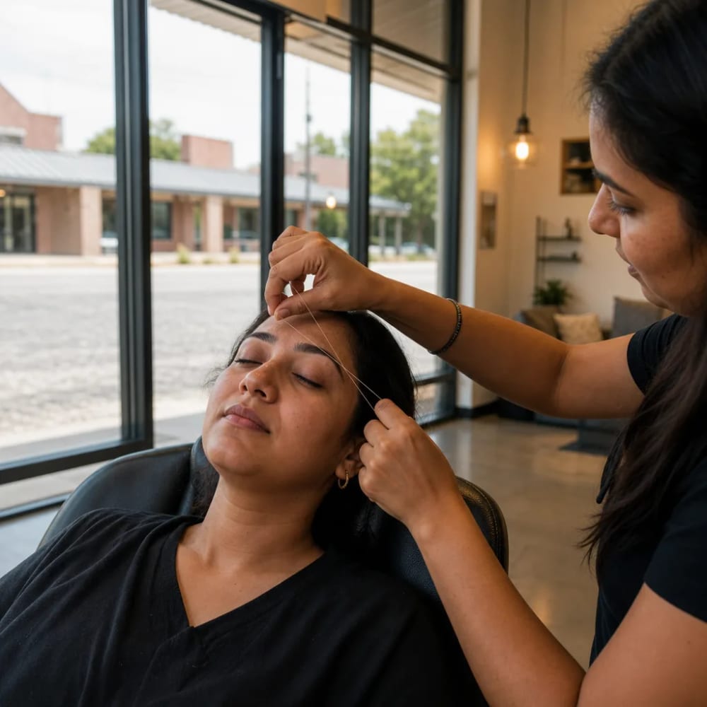 Professional eyebrow threading session at Queen Salon & Beauty in Nashville
