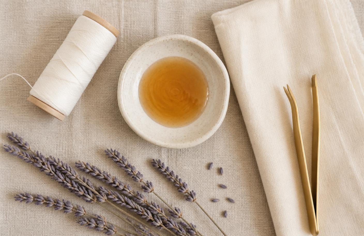 Flat lay of beauty tools including cotton thread, wax bowl, gold tweezers, and lavender on linen